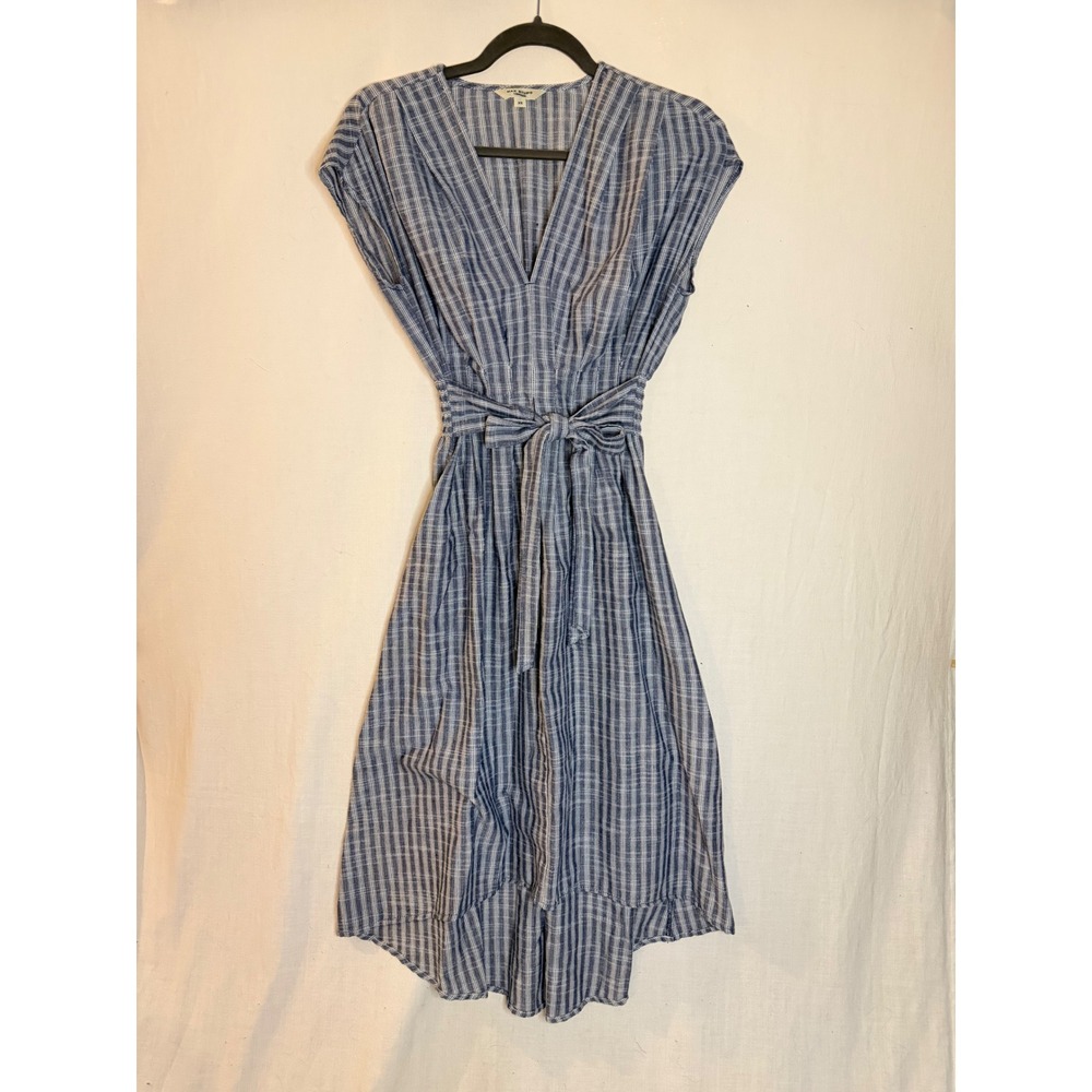Max Studio London Blue White Striped Smocked High Low Midi Dress XS 4902L66
